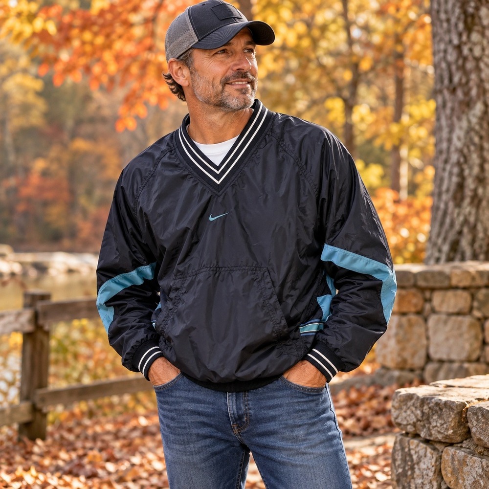Nike Vintage V-Neck Windbreaker Pullover Navy Blue Teal Mens Medium M